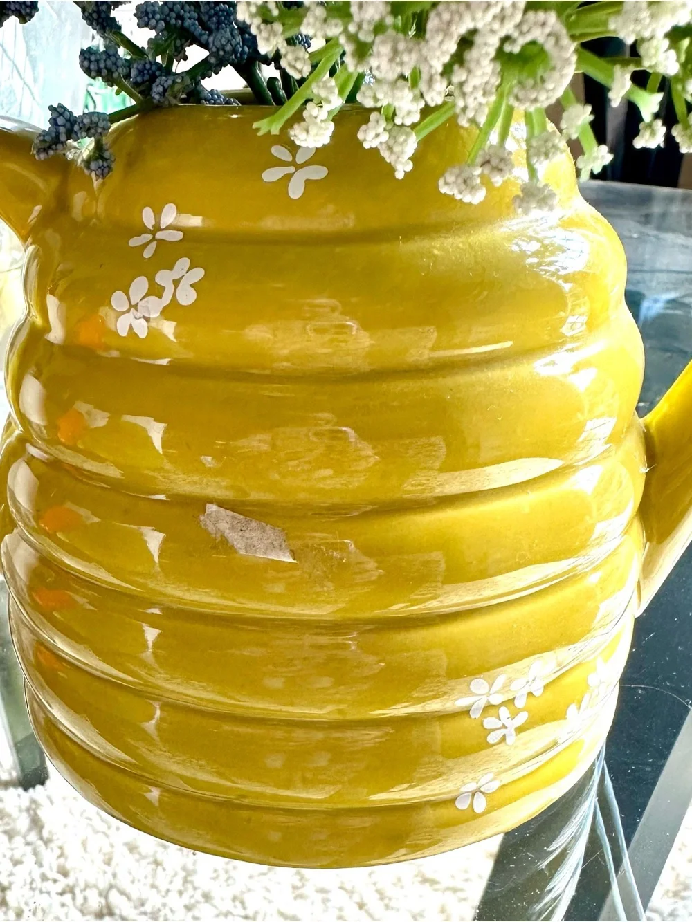 Yellow Ceramic Bee Hive Watering Can Vase with Blue & White Floral Accents 10x10